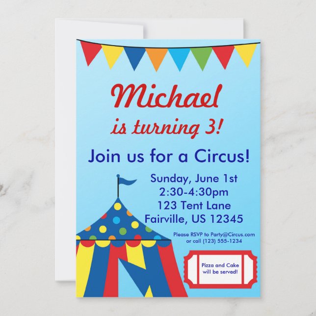 Blue Circus Carnival Big Top Birthday Party Invitation (Front)