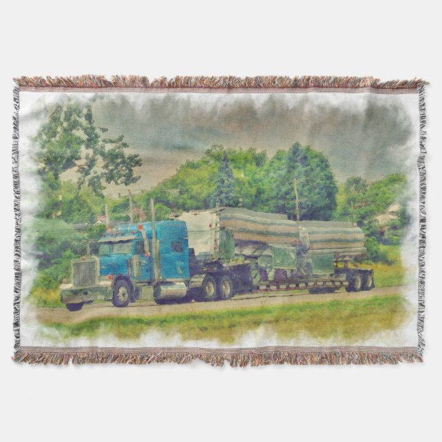 Blue Cistern Truck Highway Driving Art Design Throw Blanket (Front)
