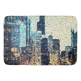Blue city buildings in mosaic style with relief    bath mat