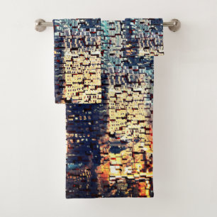 Blue city buildings in mosaic style with relief    bath towel set
