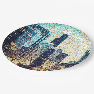 Blue city buildings in mosaic style with relief paper plate