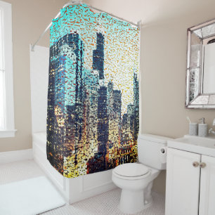 Blue city buildings in mosaic style with relief shower curtain