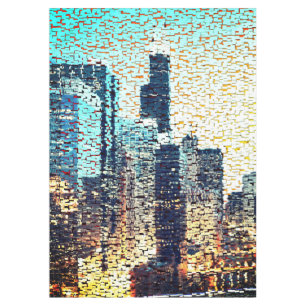 Blue city buildings in mosaic style with relief tablecloth
