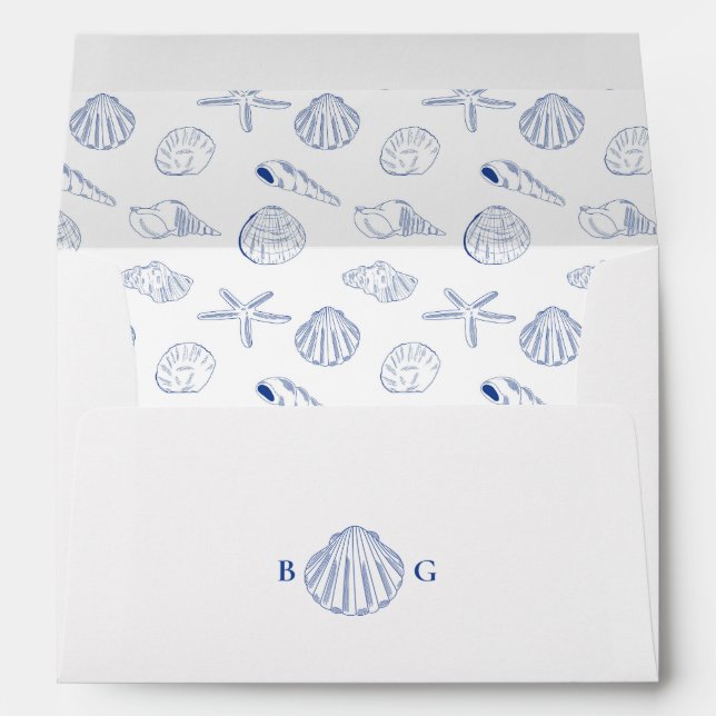 Blue Clam Seashells Coastal Seaside Beach Wedding Envelope (Back (Bottom))