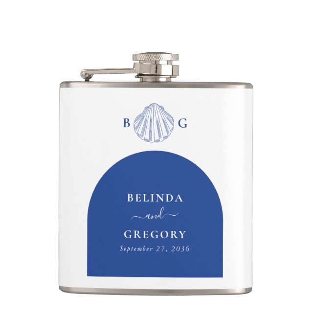 Blue Clam Seashells Coastal Seaside Beach Wedding Hip Flask (Front)