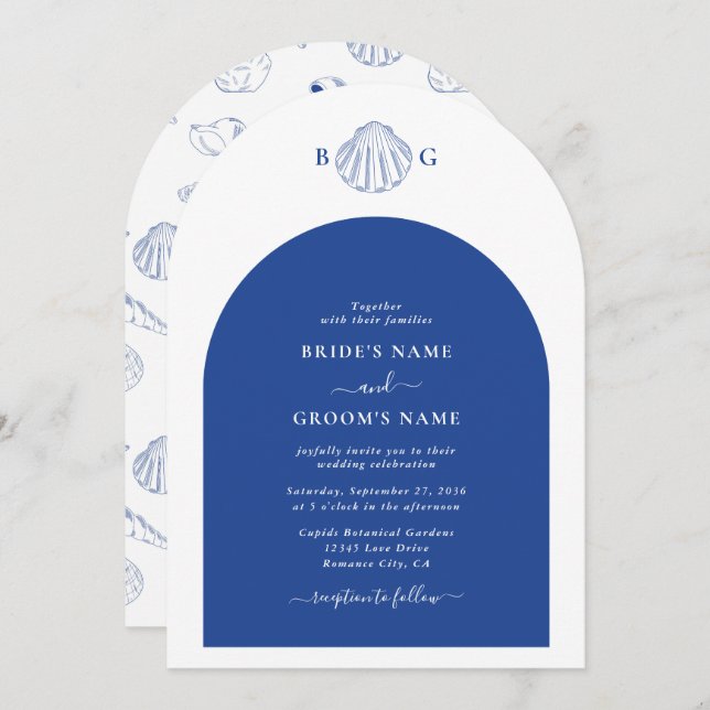 Blue Clam Seashells Coastal Seaside Beach Wedding  Invitation (Front/Back)