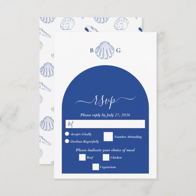 Blue Clam Seashells Coastal Seaside Beach Wedding RSVP Card (Front/Back)