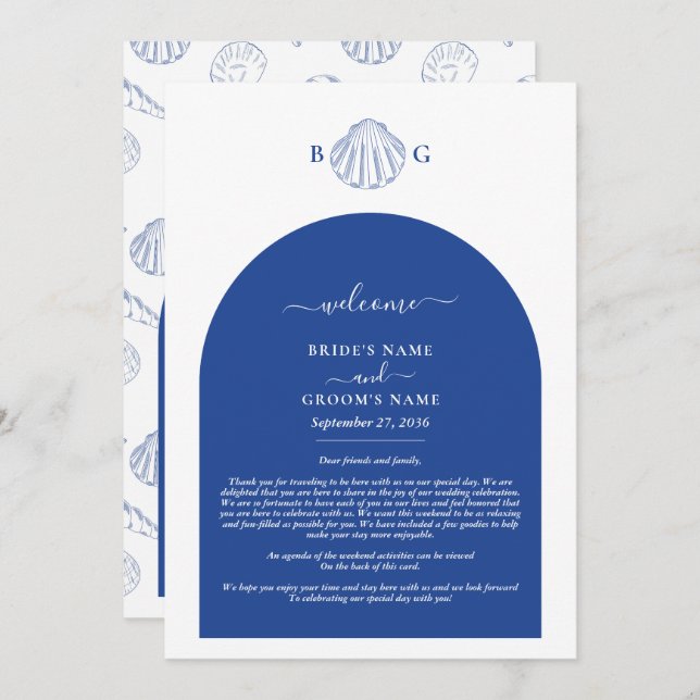 Blue Clam Seashells Coastal Wedding Itinerary Programme (Front/Back)