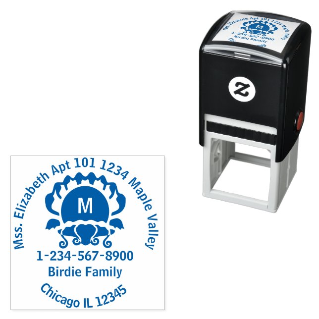 Blue Clam Silhouette Monogram Return Address Self-inking Stamp (In Situ)