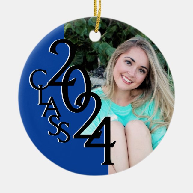 Blue Class 2024 Graduation Photo Ceramic Tree Decoration (Front)