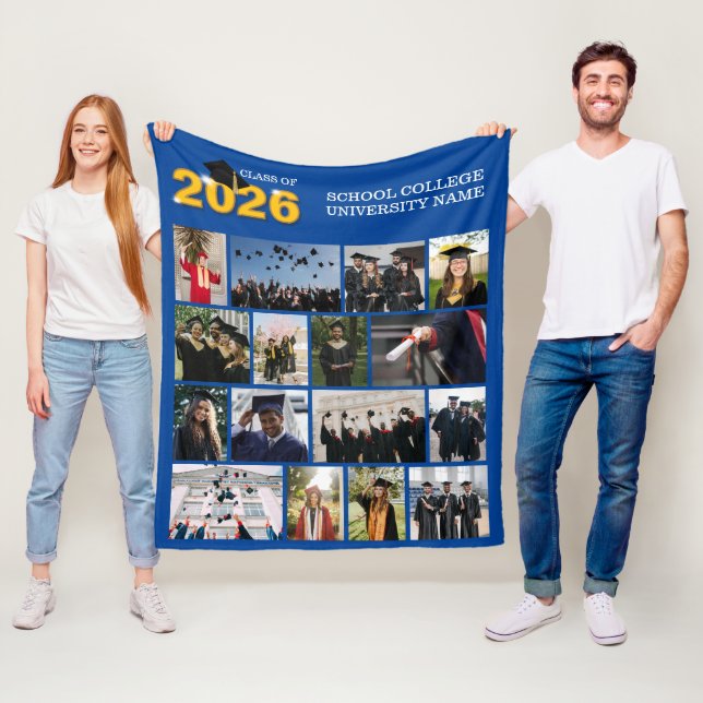 Blue Class of 2026 Graduation Keepsake Photo Fleece Blanket (In Situ)