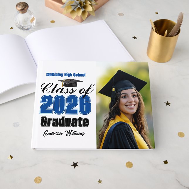 Blue Class of 2026 Graduation Photo Guest Book (Front Open)
