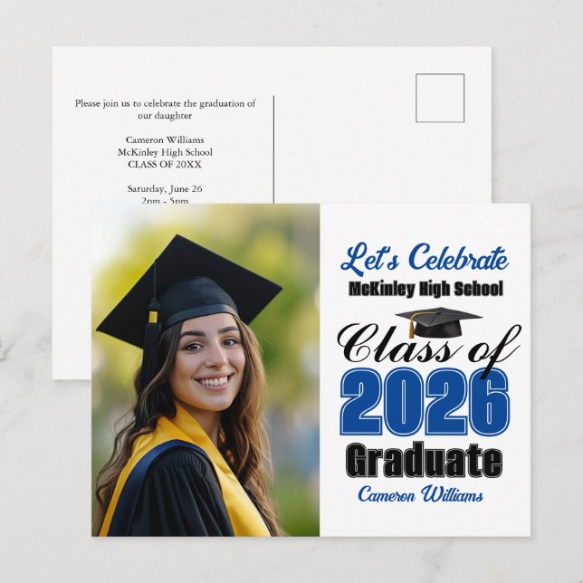 Blue Class of 2026 Photo Graduation Party Invitation Postcard (Front/Back)