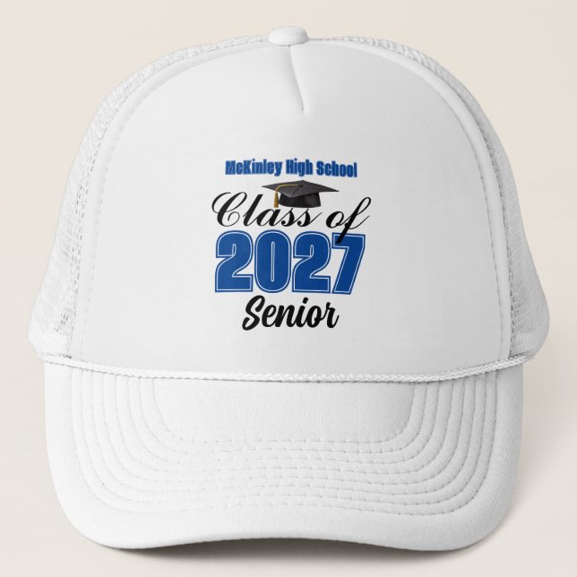 Blue Class of 2027 Senior Custom High School Trucker Hat (Front)