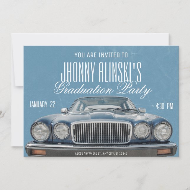 Blue Classic car graduation Invitation (Front)