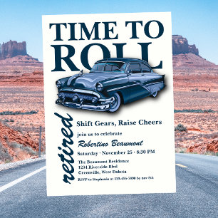 Blue Classic Car Time to Roll Retirement Party Invitation