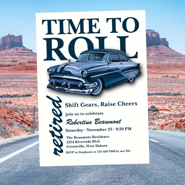 Blue Classic Car Time to Roll Retirement Party Invitation (Creator Uploaded)