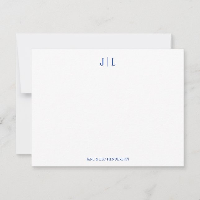 Blue Classic Custom Monogram Couple Wedding Note Card (Front)