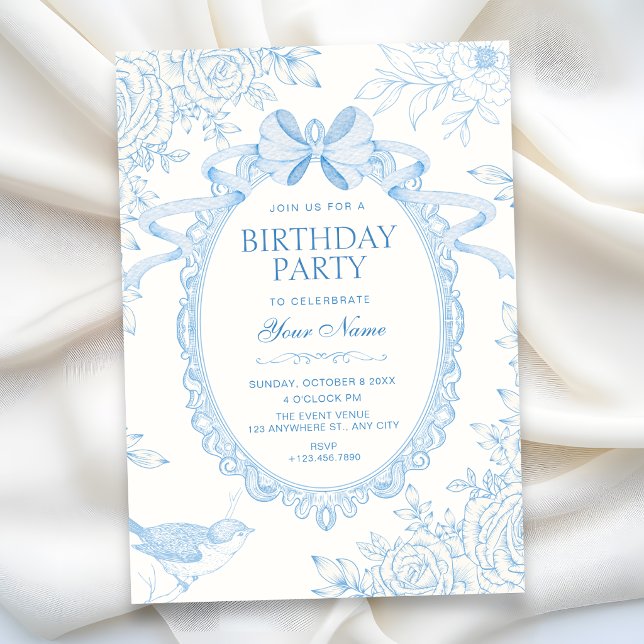 Blue Classic floral botanical bow birthday Invitation (Creator Uploaded)