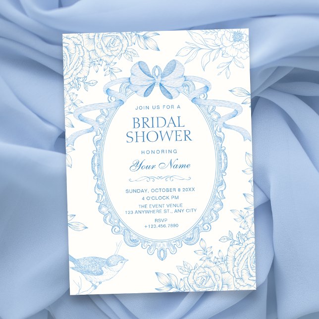 Blue Classic floral botanical bow bridal shower Invitation (Creator Uploaded)