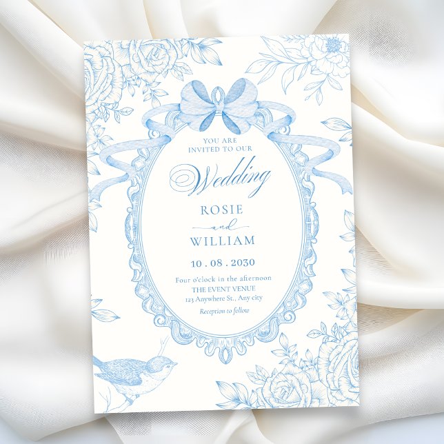 Blue Classic floral botanical bow elegant wedding Invitation (Creator Uploaded)