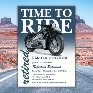 Blue Classic Motorbike Ride Fast Retirement Party Invitation
