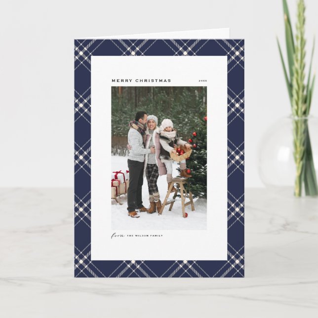Blue Classic Plaid Pattern Merry Christmas Photo Holiday Card (Front)