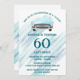 Blue Classic Retro Car Vintage Watercolour Invitation