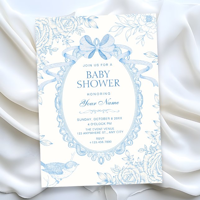 Blue Classic soft floral botanical bow baby shower Invitation (Creator Uploaded)