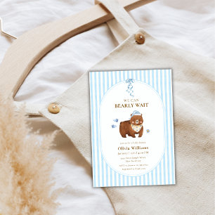 Blue Classic Stripe We Can Bearly Wait Baby Shower Invitation