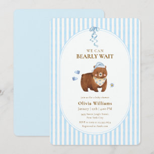 Blue Classic Stripe We Can Bearly Wait Baby Shower Invitation