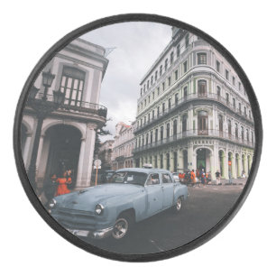 Blue Classic Vintage Car Cityscape Hockey Puck