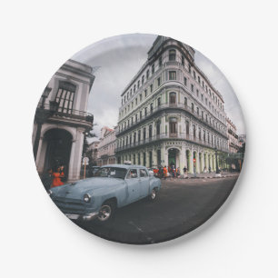 Blue Classic Vintage Car Cityscape   Paper Plate
