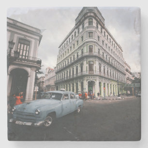 Blue Classic Vintage Car Cityscape Stone Coaster