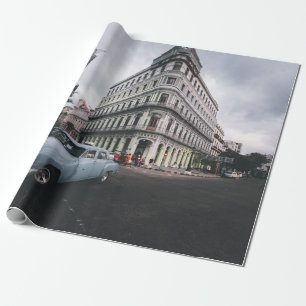 Blue Classic Vintage Car Cityscape Wrapping Paper
