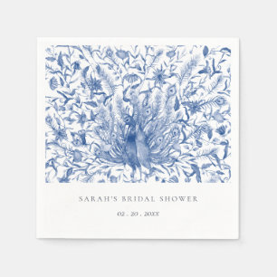 Blue Classy Watercolor Peacock Flora Bridal Shower Napkin