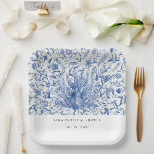 Blue Classy Watercolor Peacock Flora Bridal Shower Paper Plate