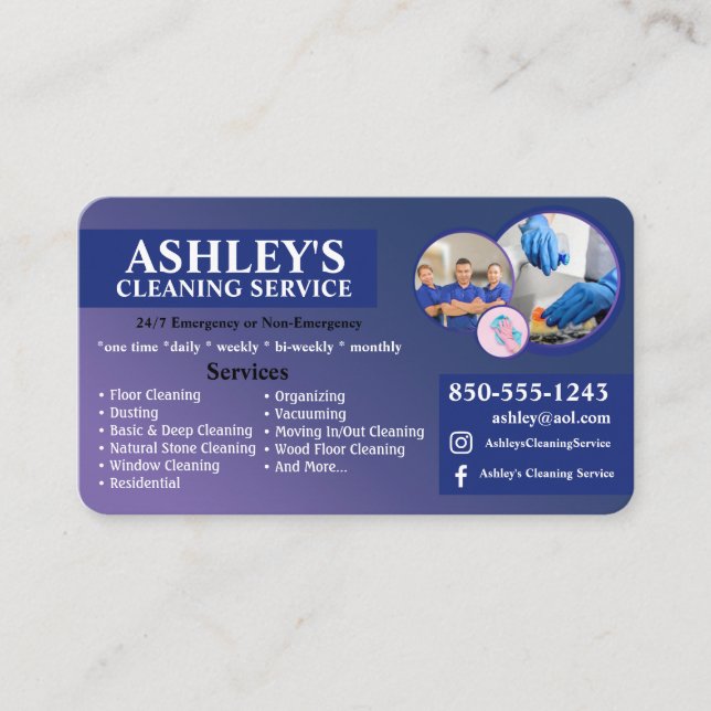 blue Cleaning Service Business Card  (Front)