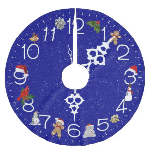 Blue Clock Face With Christmas Elements Brushed Polyester Tree Skirt