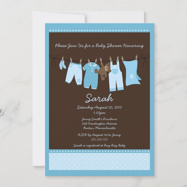 Blue Clothesline Baby Shower Invitation (Front)