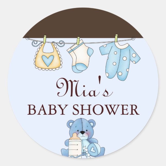 Blue Clothesline Baby Shower Sticker (Front)