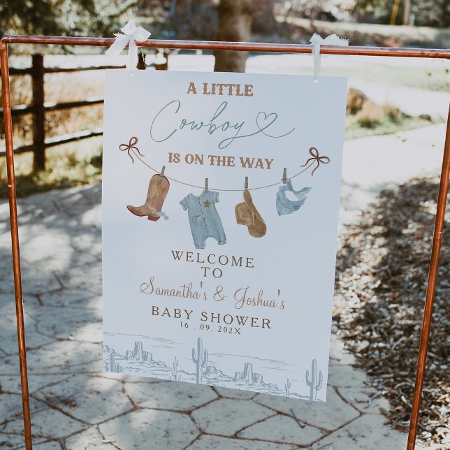 Blue Clothesline Cowboy Baby Shower Welcome Sign (Cowboy Baby Shower Welcome Sign, Little Cowboy Baby Shower Welcome Sign Clothesline Western Desert)