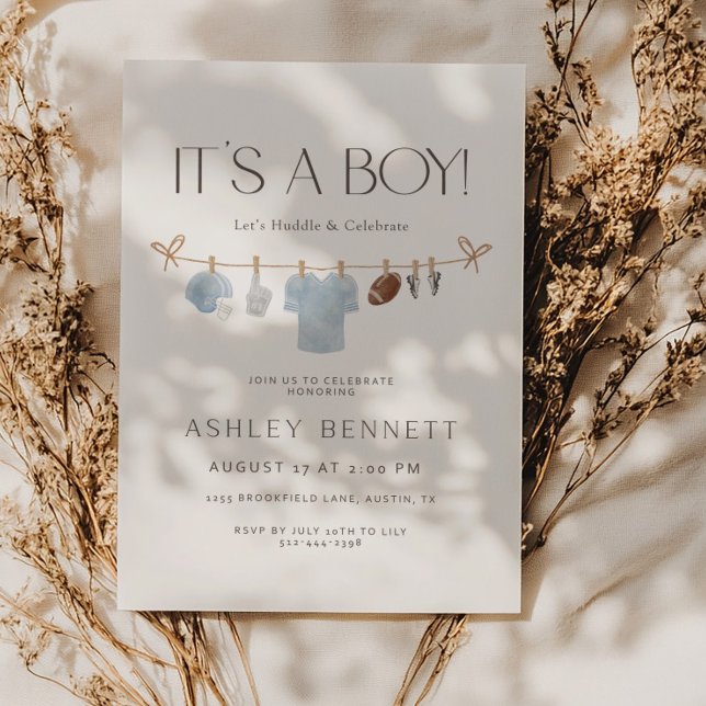 Blue Clothesline It’s a Boy Football Baby Shower Invitation (Creator Uploaded)