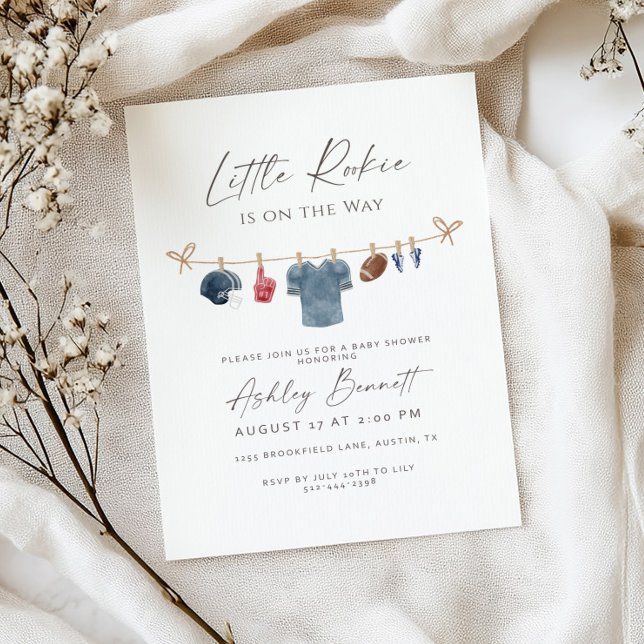 Blue Clothesline Little Rookie Football Baby  Invitation (Creator Uploaded)