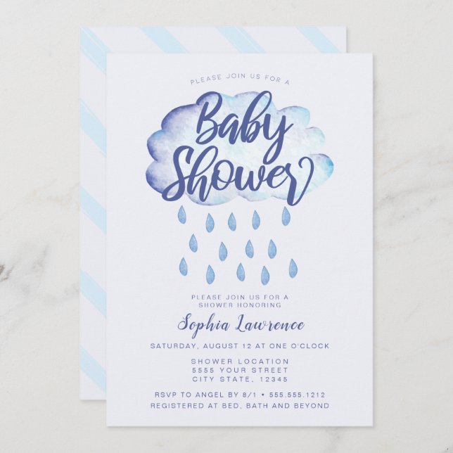 Blue Cloud and Raindrops Baby Shower Invitation (Front/Back)