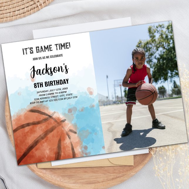 Blue Cloud Basketball Birthday Invitation (Blue Cloud Basketball Birthday Invitations w photo)