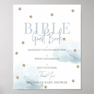 Blue Cloud Gold Star Baby Shower Bible Guest Book