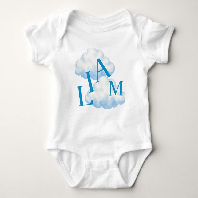 Blue Cloud Monogram Baby Bodysuit (Front)