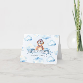 Blue Cloud Vintage Boy Bear Baby Shower Thank You Card