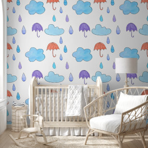 Blue Clouds and Rain Umbrellas Wallpaper